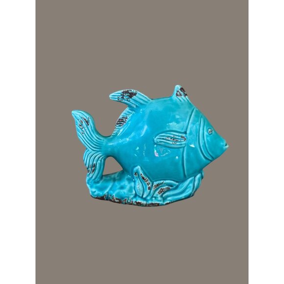 Vintage Benzara Turquoise Ceramic Fish Figurine Beach House Decor - Picture 3 of 8